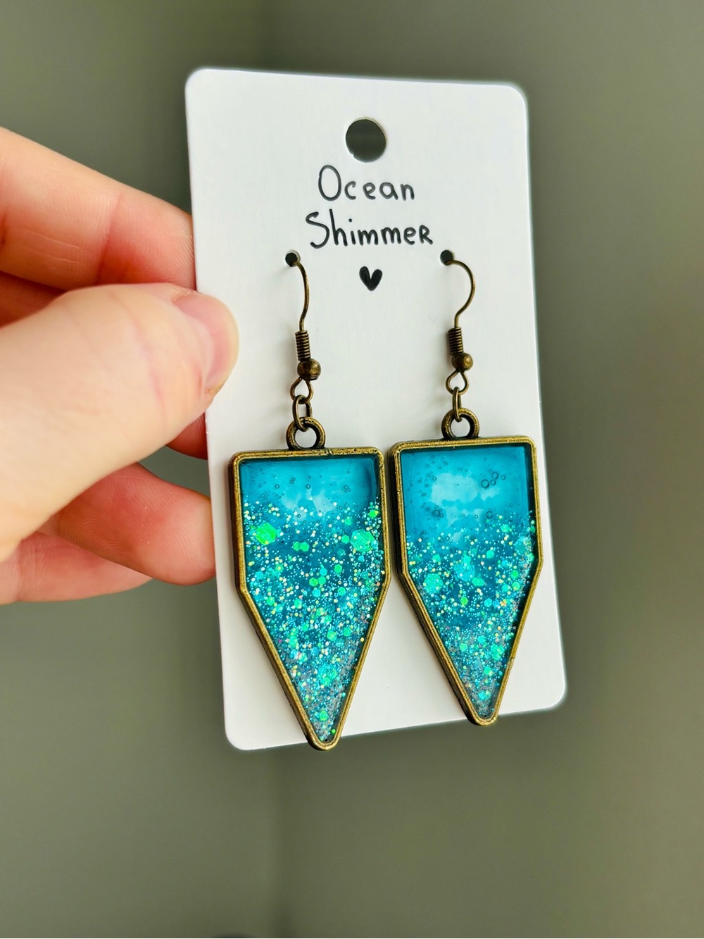 Ocean Shimmer Resin Shield Earrings Blue Glitter Ocean Inspired Handmade